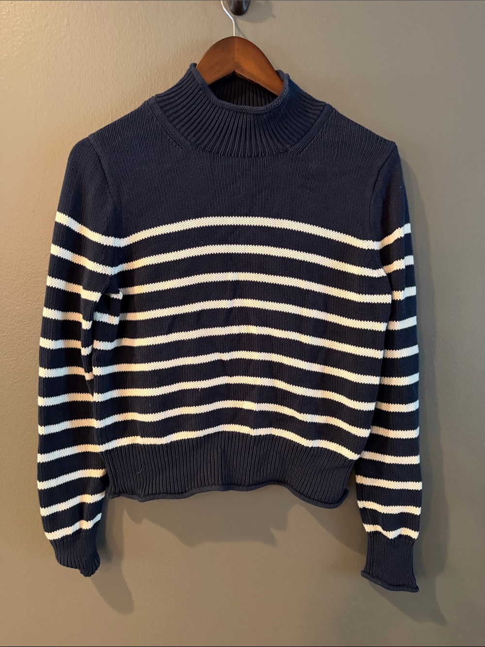 J. Crew Navy and White Striped Mock Neck Sweater